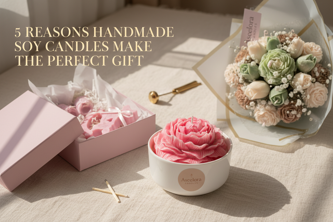 Professional lifestyle composition of handmade soy candles by Aseelora, perfect for gifting