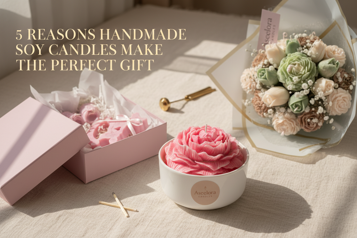 Professional lifestyle composition of handmade soy candles by Aseelora, perfect for gifting